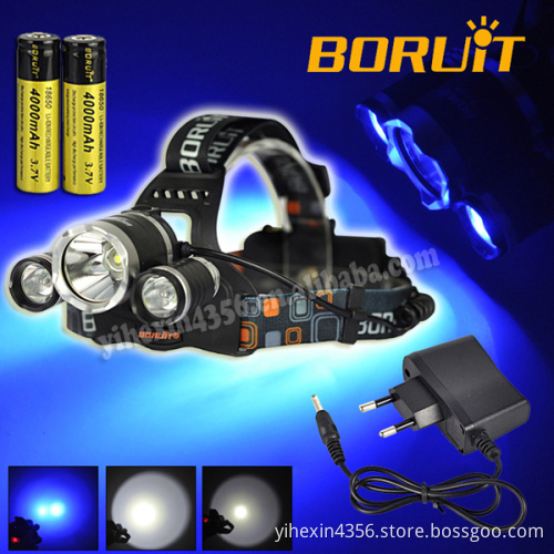 Headlamp for Fishing Blue Light Boruit T6+2XPE LED Headlight 3 Modes